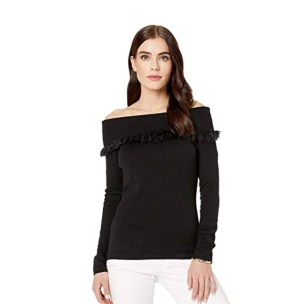 Lilly Pulitzer "Siesta" Off-the-Shoulder Black Ruffle Stretch Sweater Top XS